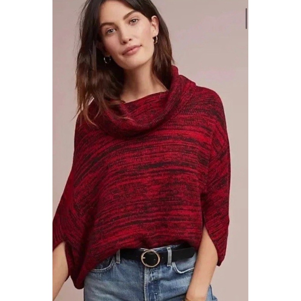 Anthropologie Moth Cowl Neck Poncho Sweater Red Black Women's Size S Retail $118